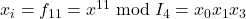 x_i = f_{11} = x^{11} \bmod I_4 = x_0 x_1 x_3
